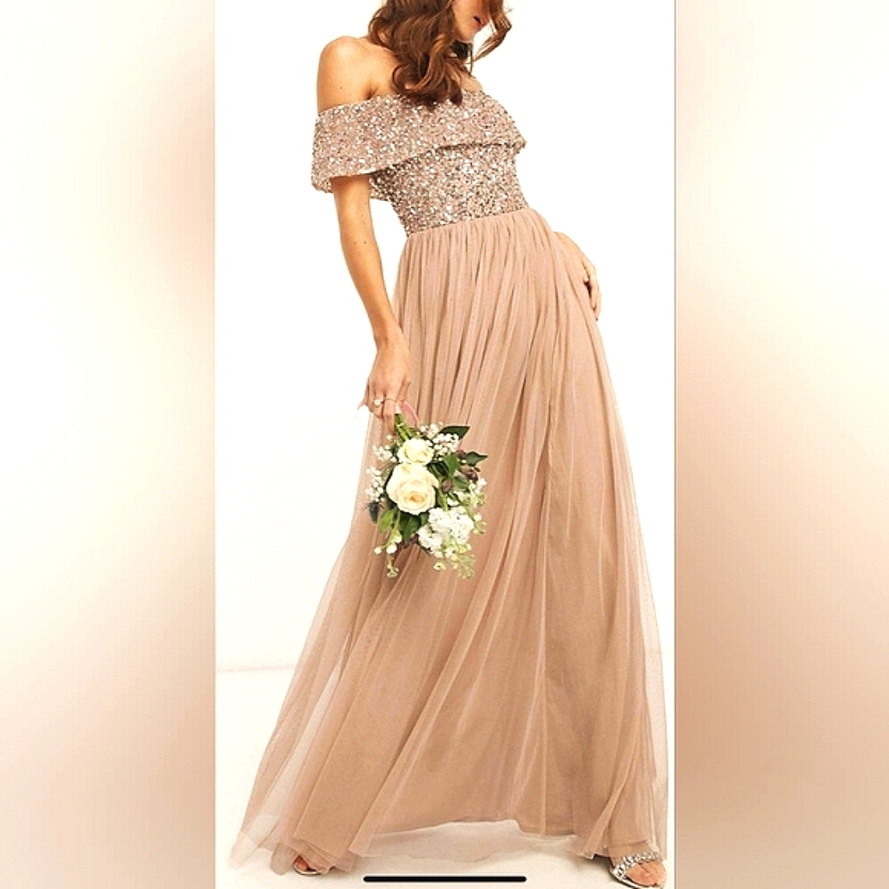 Maya Taupe Blush Bardot Embellished Maxi Dress